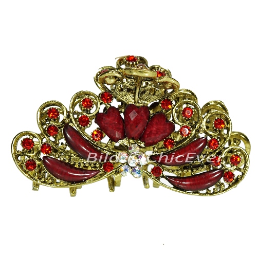 Haargreifer L Vintage Haarkneifer Haarklammer Metall & Strass rot gold 5118b - zum Schließen ins Bild klicken